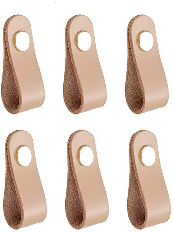 feedal Ledergriffe, Ziehgriff für Kommoden, Schubladen, 7 cm, Einzelloch, Schrankknauf, Schubladenknauf, Ziehgriff, echtes Leder, Beige, 6 Packungen (Beige)