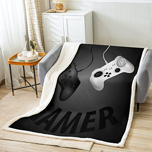 Loussiesd Gamepad Kuscheldecke Kinder Gamer Flanell Fleecedecke Ultra Weich Schwarz Weiß Videospiel Gamepad Plüsch Decke 150x200cm Warm für Bett Sofa Couch Jungen Moderne Game Controller Wohndecke