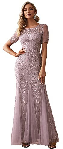 Ever-Pretty Sirena a Fiori Vestido de Noche Lentejuela Tul Vestido de Fiesta Manga Corta Largo Lila 34