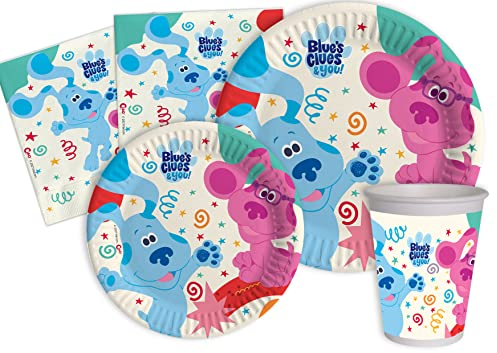 Ciao-Kit Table Fête Party Blue's Clues 8 personnes (44 pcs: assiettes, gobelets, serviettes) en papier compostable Vaisselle, AZ027, Bleu, Rose, Blanc
