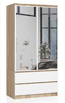 BDW Kleiderschrank 2 Türen 2 Schubladen 2 Spiegel für das Schlafzimmer Wohnzimmer Diele 180x90x51 (Sonoma-Eiche - Weiß)