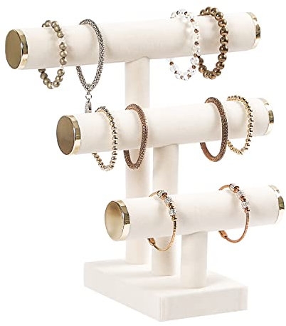 Pengup 3 Tier Bracelet Holder,Bracelet Display Stand with Metal Cap,Beige White Velvet Jewelry Organizer Displays for Necklace Scrunchies Watches Hair Ties.