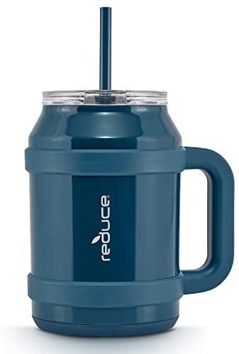 REDUCE Reusable 50 oz Cold1 Water Tumbler – Ergonomic Handle – Double-Wall Insulation – Sturdy Desktop/Tabletop Mug with Lid and Straw – BPA-Free – Stainless Steel for Gym, Home, or Office– Dark Web