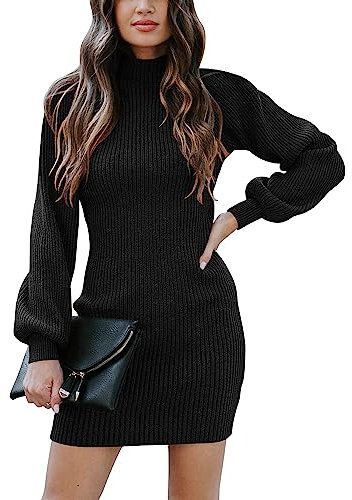 Timuspo Women's Turtleneck Sweater Dress Casual Long Sleeve Stretchy Knit Slim Casual Semi Formal Black Sweater Dress