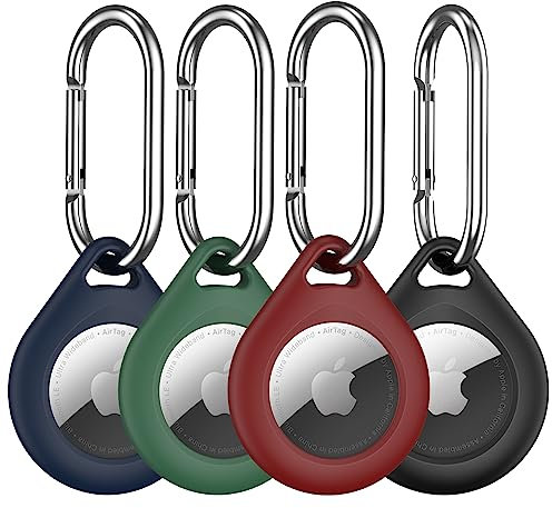 R-fun 4 Pack Airtag Halter mit Metall Schlüsselanhänger, Multi-Color schützende Silikon Airtag Fall Schlüsselring für Gepäck, Hundehalsband, Schlüssel - (Schwarz, Tannengrün, Mitternachtsblau, Weinrot