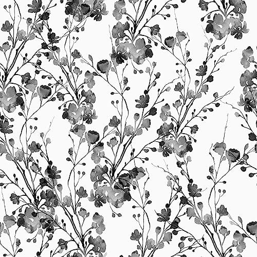 VEELIKE Papier Peint Fleur Noir et Blanc Aquarelle Vintage Papier Adhésif pour Meuble chambre Armoire Papier Peint Adhesif Feuilles Papier Peint Tropical Noir et Blanc Stickers Meubles 44,5cm×300cm