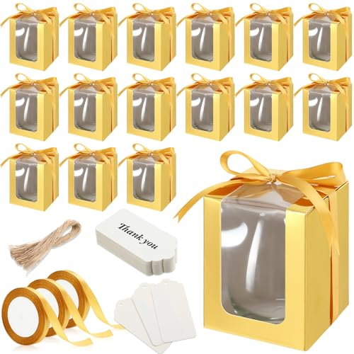 Fulmoon 50 Pack Gift Boxes for Wine Glass Transparent Gift 9 oz Stemless Glass Paper Packaging Box with Ribbon Tag Hemp Rope for Wedding Bridal Shower Baby Shower Birthday(Gold)