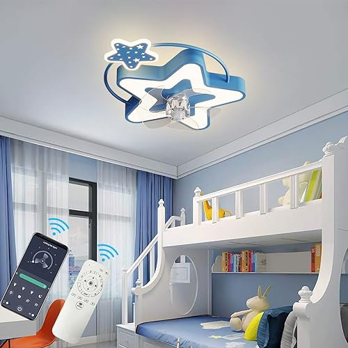 Bambini Ventilatori a Soffitto con Luce e Telecomando APP Led Dimmerabile, Plafoniera con Ventilatore Silenzioso 6 Velocità Reversibile, Lampadario con Ventilatore da Soffitto per Cameretta-Blue