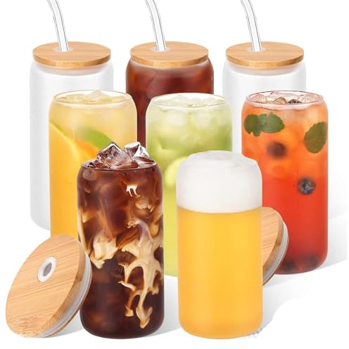 PiurUf Canette De Bière en Verre De Sublimation De 16 Oz avec Couvercles en Bambou Et Paille en Verre,Verres À Boire Réutilisables pour La Maison,Le Voyage,Le Bureau,Le Café,Le Thé,8pcs