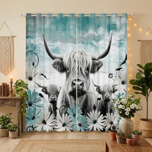 Erosebridal Highland Cow Vorhänge und Vorhänge, 30 % - 50 %, Verdunkelungsvorhänge für Schlafzimmer, Langhornrinder, Fensterbehandlungen, Gänseblümchen, Cowboy, Heimdekoration, 2 Paneele, 106,7 cm B x