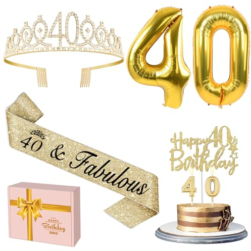 Amosking 40th Birthday Decorations Gold, Including 40th Birthday Sash and Tiara, Cake Topper and Candles, Number Balloons, 40 Year Old Gifts for Women
