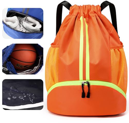 Veki Sport Rucksack mit Kordelzug, Turnbeutel Wasserdicht für Damen und Herren, Sportbeutel mit Bodenfach für Basketball, Fußball, Volleyball, Gymsack für Reisen, Fitnessstudio, Schwimmen (Orange)