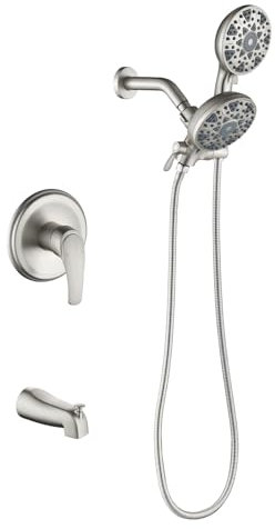 Duschwannen-Set, Wanne und Duscharmatur, komplettes Doppelduschkopf und Handbrause 2-in-1-Kombi-Set Duschsystem mit Wannenauslauf Wanne und Duschverkleidungsset, gebürstetes Nickel