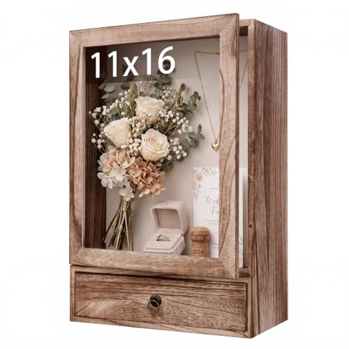 Deep Shadow Box Frame 11x16, 4 Depth Display Case with Drawer, Rustic Solid Wood Memory Box with Acrylic Door for Wedding Bouquet, Medals, Memorial Photos, Keepsakes, Wall or Tabletop