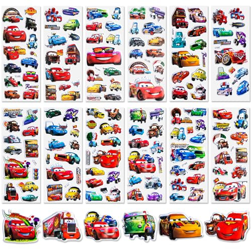Cars Sticker für Kinder-12 Blätter Lightning McQueen Sticker Vinyl 3D Puffy Aufkleber Auto Wasserfest Geschwollen Stickers Deko Set Mitgebsel Kindergeburtstag Jungen für Laptop Skateboard Scrapbook