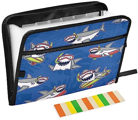 Fächermappe mit 13 Fächern, mit Etiketten, Brief/A4-Größe, Papier, Akkordeon, Dokumenten-Organizer mit Reißverschluss, Klassenzimmer, Zuhause, Büro, Reisen, Hai, zum Tauchen
