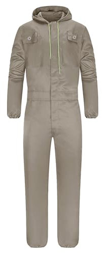 Yukirtiq Mens Hooded Overall Work Wear Dungarees Coverall Polycotton Boiler Suit Hard Wearing Mechanics Boilersuit, Khaki, M