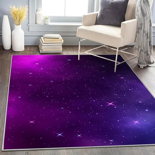 Waschbar in Waschmaschine Wohnzimmer Teppich Lila Sternenhimmel 100x150 Kurzflor Teppich Schlafzimmer, Universum Teppich Gegend Dünn Bettvorleger Saugfähig für Jugendzimmer Jungen Mädchen