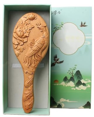 Snowflyk Brosse à Cheveux, Peigne Ovale de Massage en Bois sculpté rétro Chinois, Brosse à Cheveux démêlante à Coussin d'air Antistatique pour W