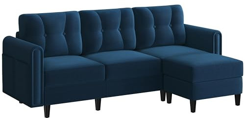 Yaheetech Canapé 3 Places avec Pouf Design Modern Canapé d’Angle Rembourré en Tissu pour Salon/Chambre/Bureau/Appartement Bleu