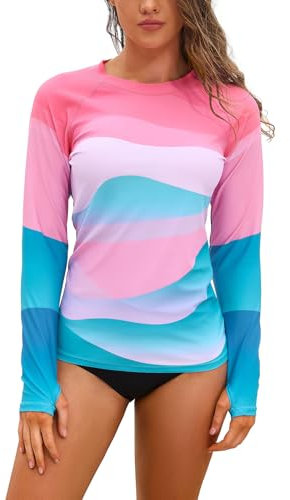 SHEKINI Traje de Baño de Manga Larga con Protección Solar para Mujer Camiseta de Surf con Estampado de Paisaje(3XL,Rosa-SF)