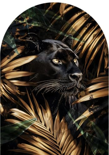 STYLER Glasbild Black Panther 70x100 cm – Elegantes Design mit goldenen Akzenten – Geheimnisvolle Ästhetik mit geschwungener Bogenform