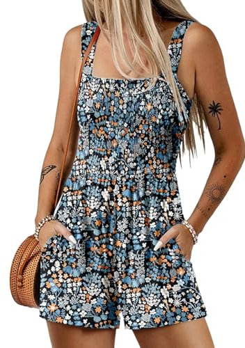 QUNERY Jumpsuit Donna Estiva Salopette Corta Pantaloni Tuta Gamba Allentata Con Tasche Boemia Casual Senza Maniche Salopette con Tasca Blu L