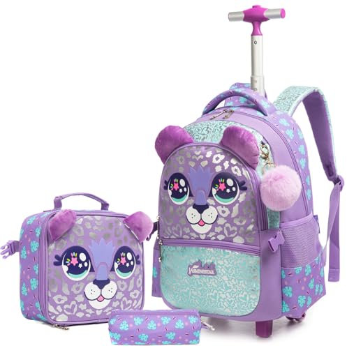 Egchescebo Zaino con Rotelle Bambina Trolley Animale Zainetto Asilo Scuola Elementare Primaria 17” 3PCS Borsa Pranzo Portamatite Media Carrello Ruote Valigia Ragazza per Rullo Valigia da Viaggio Viola