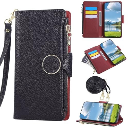 Rnrieyta Zipper Wallet Cover for iPhone 6S/6,Stylish PU Leather Crossbody Case with Wrist Strap Card Slots Shoulder Lanyard Cash Holder Full Body Bumper for Girls Women Black