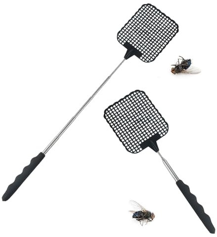 2 Piezas Matamoscas Extensible Matamoscas Manual con Mango Telescópico Robusto y Duradero Matamoscas de Plástico para Controlar Moscas, Mosquitos, Avispas, Plagas(Negro)