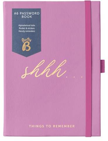 Busy B Password Book - Pink Faux Leather with A-Z Index & Pocket | Compact password book with tabbed A-Z index, storage pocket, stickers and elastic closure for secure organisation.