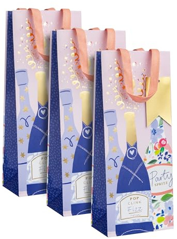 Hallmark Bottle Bag Bundle, 3-Pack, Birthday, Anniversary, Celebration | Size 32.7 x 13.3 x 8.2cm, 1 Design, Gold Foil Details, Coral Knitted Paper Handles, Gold Foil Gift Tags