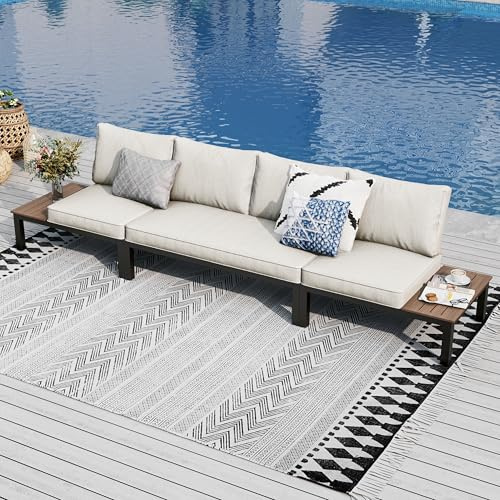 PHI VILLA Gartenmöbel Balkonmöbel Set 3 Teilig, Metall Lounge Möbel Outdoor Gartenlounge Set 4-Sitzer, Terrassenmöbel Modulare Möbel mit Verstärkten Kissen und Kaffeetisch, Beige