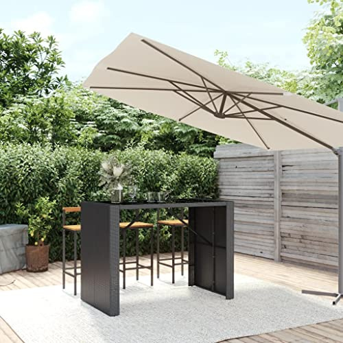 IBUQDDV Bartisch mit Glasplatte Schwarz 145x80x110 cm Poly Rattan PE-Rattan Garten Tisch Wetterfester Stehtisch Pulverbeschichteter Stahlrahmen
