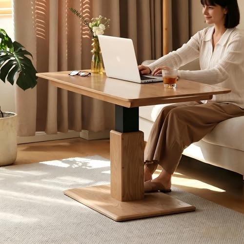 YESWOOD Couchtisch Höhenverstellbar aus Massivholz Eiche, Multifunktionaler Wohnzimmertisch, Verstellbarer Sofatisch 120 cm, Umwandelbar in Esstisch oder Schreibtisch, Modernes Design, Natur
