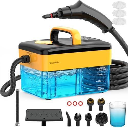Nettoyeur à vapeur robuste à chauffage rapide 10S – 6 niveaux réglables, réservoir de 1,5 l, pulvérisation continue, nettoyeur en profondeur naturel, cuiseur vapeur portable avec 15 accessoires pour