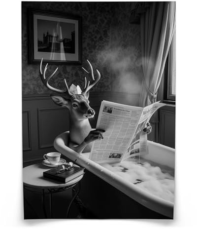 Muralo Poster Hirsch mit Zeitung, ohne Rahmen, UV-beständig - 30x40 cm | Bilder, glatte und seidige Oberfläche, fotografische Druckqualität - ideal für Badezimmer und WC