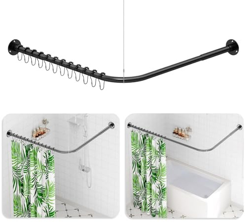 Duschvorhangstange L Form, (60-135cm) × (60-135cm) Verstellbare Duschstange L Form, Duschstange Ecke mit 12 Ringen & Deckenstütze für Badezimmer, Bohren Erforderlich - Mattschwarz