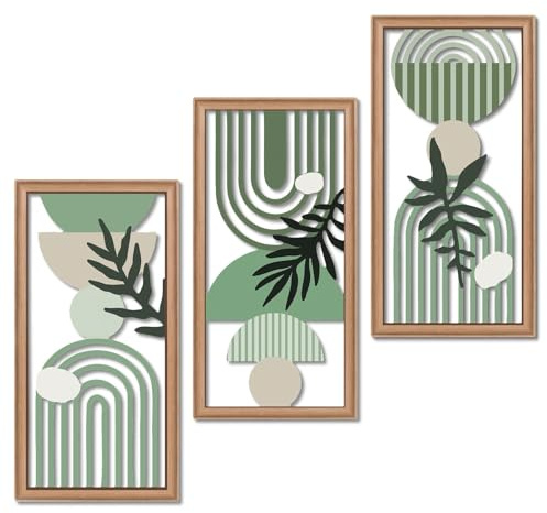 Putuo Decor 3er Set Wandbilder abstrakt grün beige mit Blättern, gerahmte Wanddeko Boho Skandi für Wohnzimmer Schlafzimmer Flur Büro, Moderne Linienbogen Kunst