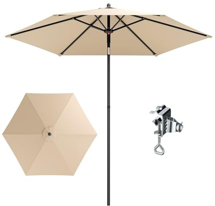 PHI VILLA Ø230x220cm Sonnenschirm Rund mit Klemme, Gartenschirm Kippbar Windfest Stabil zum Mitnehmen, UV50+ Schutz für Balkon Terrasse Balkongeländer Tisch