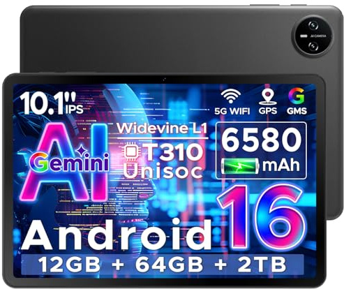 Tab A9 Android 16 Tablet 10 Pollici, 20 GB RAM + 64 GB ROM (TF 2 TB), Gemini AI, 6580 mAh, Unisoc T310, 1280 * 800 IPS, WiFi 5, Doppio Altoparlante, 8MP+5MP, Bluetooth 5.0/Face ID/Jack da 3,5 mm-Nero