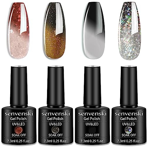 Senvenski Changement de couleur Vernis Semi Permanent, Vernis à Ongles Gel Temperature Rouge Noir Blanc Gris Marron Doré Briller Caméléon Mood UV LED Art Kit pour French Manucure (WB018)