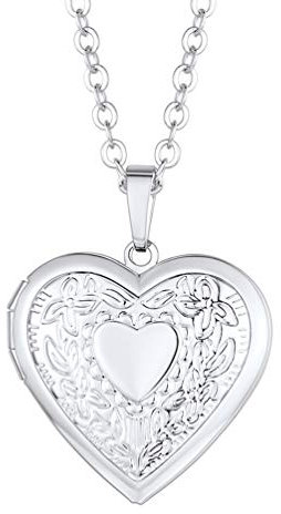 PROSTEEL Collana Medaglione Portafoto Pendente Cuore Fiore, Acciaio Inossidabile, Catena Regolabile, Confezione Regalo - Argento