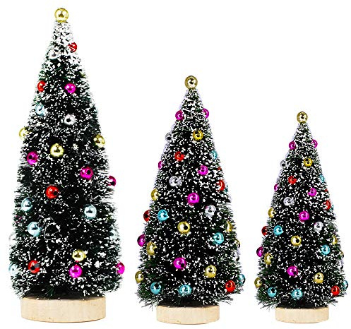 Winlyn 3 Pack Artificial Mini Tabletop Christmas Trees Tiny Frosted Bottle Brush Trees Decorated Small Sisal Trees with White Snow and Colorful Beads Winter Holiday Miniature Décor Assorted Sizes
