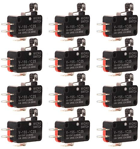 Gebildet 12pezzi Micro Interruttore Leva a Rullo, V-155-1C25 Finecorsa SPDT, 3Pin 2Posizione 1NO 1NC Mini Interruttore a Levetta, Braccio Pulsante Attuatore Momentaneo