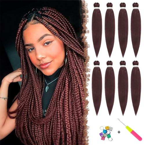 FESHFEN Braids Extensions Kunsthaar zum Einflechten Dunkles Kastanienbraun | 65 cm 8 Pack Vorgedehntes Flechthaar Yaki-Textur Kunsthaar für Box Senegalese Twist, DIY für Alltag Festival Karneval
