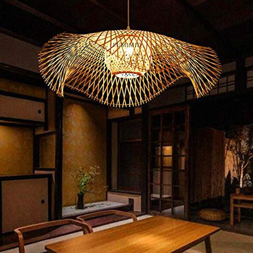 Lustre E27 Suspension En Bambou Rétro Lampe De Plafond Suspension Créatif Abat-Jour En Bambou Tissé À La Main Lustre Éclairage Restaurant Chambre Salon Cuisine Café Lamp Décorative,55cm