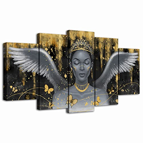 OuElegent 5-teiliges Leinwandbild, Motiv: Schwarze Frau, Königin mit Krone, Engelsflügel, Bild in Gold und Grau