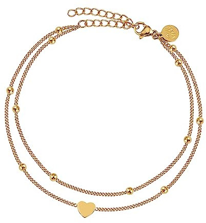 GD GOOD.designs Fußkettchen Herz Gold für Damen - Wasserfest I Mehrreihige Fußkette - Verstellbar I Filigraner Edelstahl Fußschmuck mit 18K Vergoldung