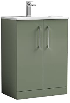 nuie ARN803B Arno Modern Bathroom Floor Standing 2 Door Vanity Unit with Minimalist Ceramic Basin, 600mm, Satin Green